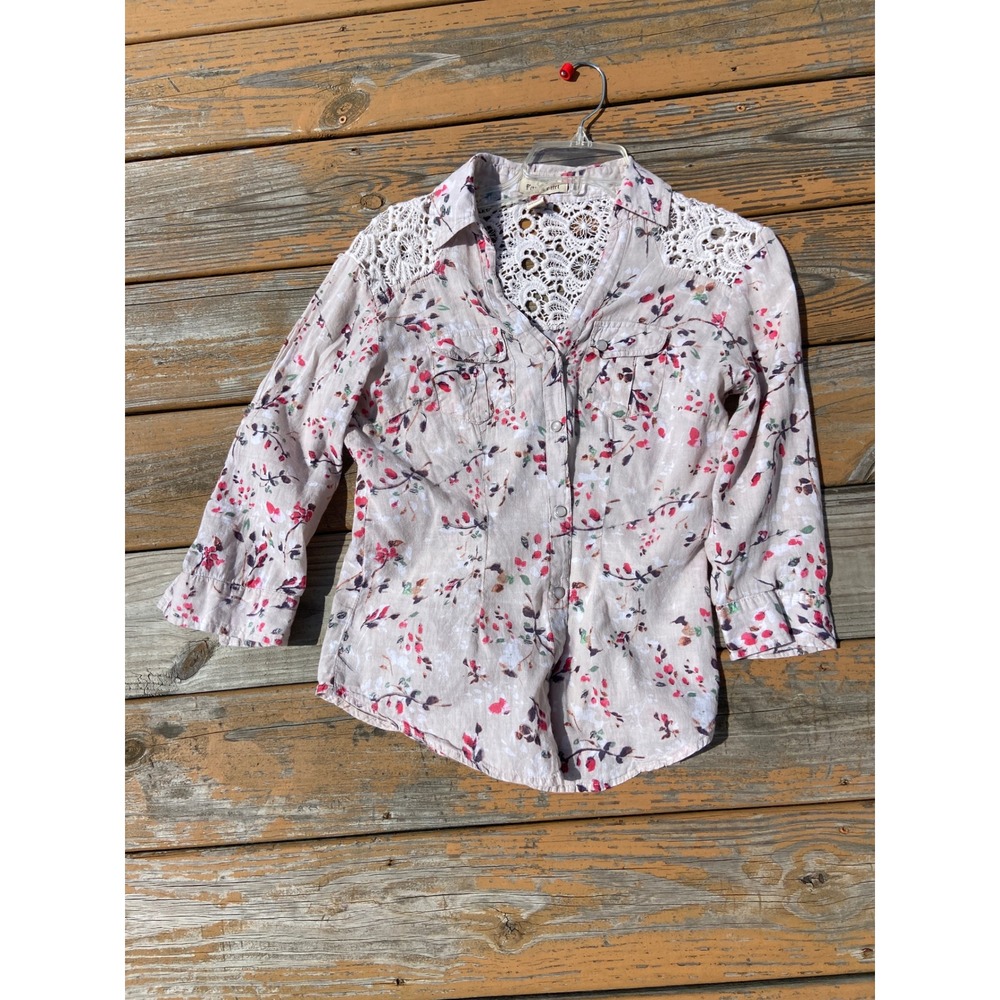 Fun & Flirt Women Pink Floral Crochet Lace Snap Button Down Cotton Shirt Small